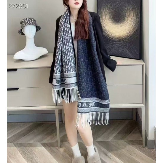 Knockoff Dior Oblique cashmere navy/écru fringed scarf 45 x 200 Blue Replica Clone