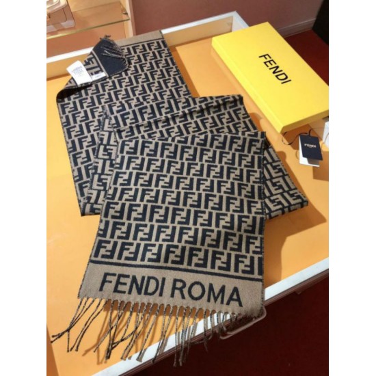 Knockoff Fendi FF scarf black/brown wool and cashmere blend 32 x 200 Replica Clone