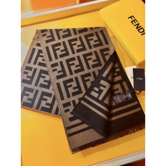 Knockoff Wool blend scarf with Fendi FF logo inlay brown 42 x 180 Replica Clone