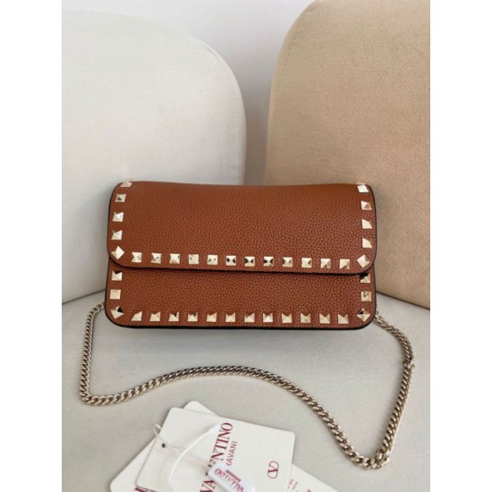 AAAAA Replica Valentino Garavani Rockstud Small Flap Crossbody Bag Brown Fake Clone