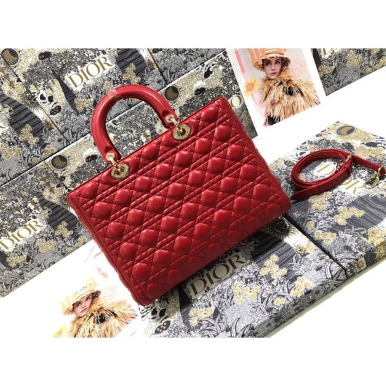 AAAAA Replica Dior Large Lady Dior quilted lambskin cannage bag red Fake Clone