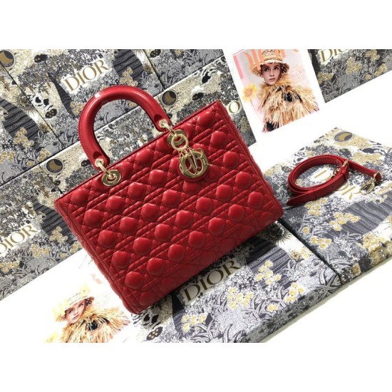 AAAAA Replica Dior Large Lady Dior quilted lambskin cannage bag red Fake Clone
