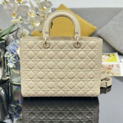 AAAAA Replica Dior Lady Dior Large Quilted Lambskin Cannage Bag Beige Fake Clone