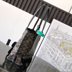 AAAAA Replica Goyard Anjou Saint Louis Mini Goyardine canvas black calfskin tote bag Fake Clone