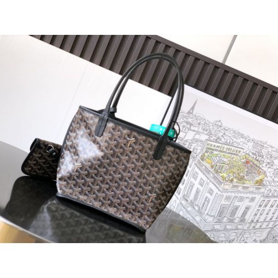 AAAAA Replica Goyard Anjou Saint Louis Mini Goyardine canvas black calfskin tote bag Fake Clone