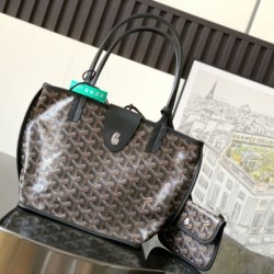 AAAAA Replica Goyard Anjou Saint Louis Mini Goyardine canvas black calfskin tote bag Fake Clone