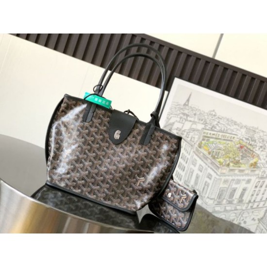 AAAAA Replica Goyard Anjou Saint Louis Mini Goyardine canvas black calfskin tote bag Fake Clone