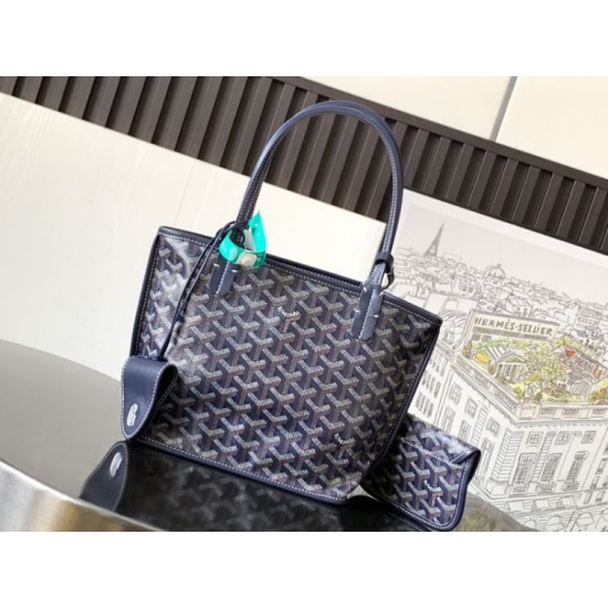 AAAAA Replica Goyard Anjou Saint Louis Mini Goyardine Canvas Calfskin Tote Bag Navy Fake Clone