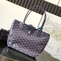 AAAAA Replica Goyard Anjou Saint Louis Mini Goyardine Canvas Calfskin Tote Bag Navy Fake Clone