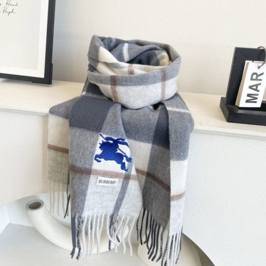 Replica Burberry Equestrian Knight Check Cashmere Scarf 32 x 180cm Grey Clone Cheap