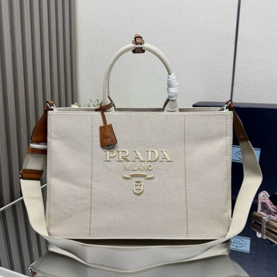 Replica Prada Jardinière Extra Large Cotton Canvas Tote Bag Beige Clone Cheap