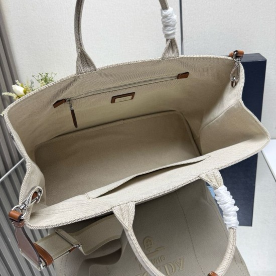 Replica Prada Jardinière Extra Large Cotton Canvas Tote Bag Beige Clone Cheap