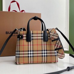 Replica Burberry Small Banner Vintage Check Tote Bag Black Clone Cheap