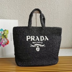 Replica Prada Large Crochet Tote Bag Raffia-effect Yarn Black Fake