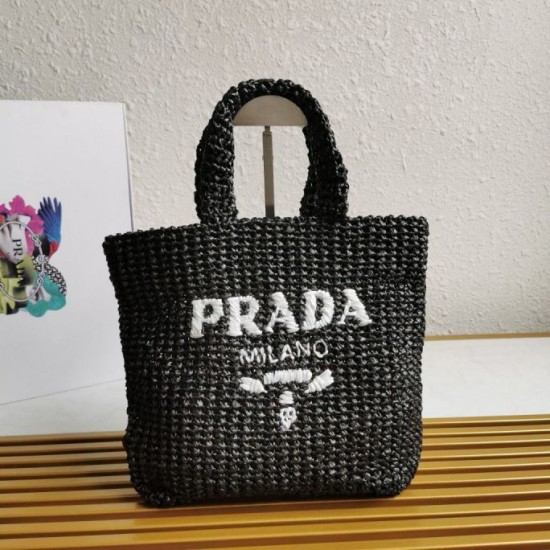 Replica Prada Small Crochet Tote Bag Raffia-effect Yarn Black Fake Replica Prada Small Crochet Tote Bag Raffia-effect Yarn Black Fake