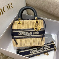 Replica Dior Medium Lady Dior Bag Wicker and Oblique Jacquard Blue Fake