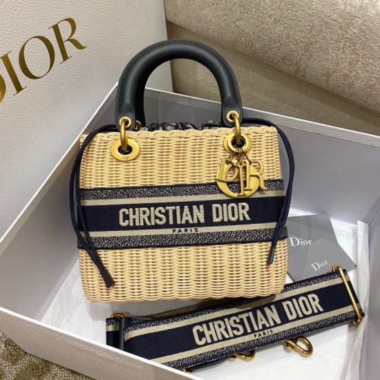 Replica Dior Medium Lady Dior Bag Wicker and Oblique Jacquard Blue Fake