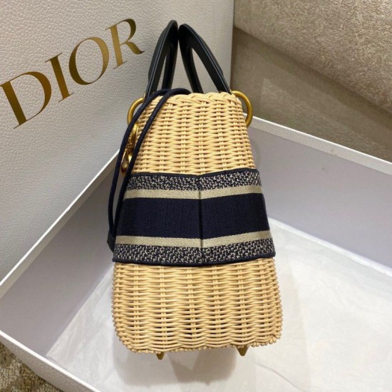 Replica Dior Medium Lady Dior Bag Wicker and Oblique Jacquard Blue Fake