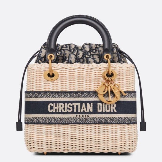 Replica Dior Medium Lady Dior Bag Wicker and Oblique Jacquard Blue Fake