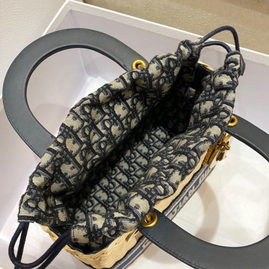 Replica Dior Medium Lady Dior Bag Wicker and Oblique Jacquard Blue Fake