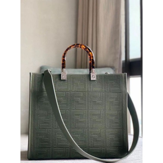 Replica Fendi Sunshine Medium Shopper Bag FF Fabric Green Fake