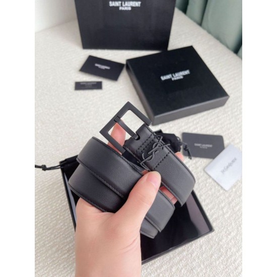 Replica YSL Saint Laurent Cassandre Square Buckle Belt 30MM All Black Fake