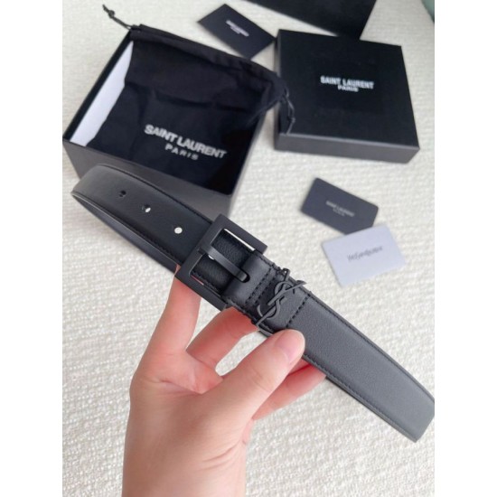 Replica YSL Saint Laurent Cassandre Square Buckle Belt 30MM All Black Fake