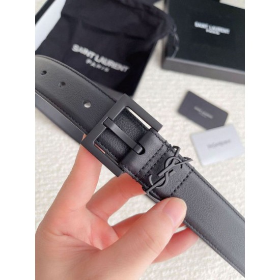 Replica YSL Saint Laurent Cassandre Square Buckle Belt 30MM All Black Fake