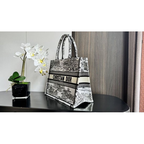 Replica Dior Medium Dior Book Tote Bag Embroidery Toile de Jouy Scotland Motif White/Black