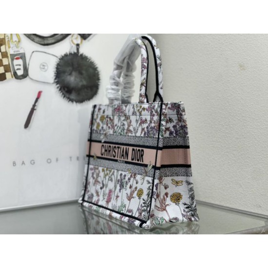 Replica Dior Medium Book Tote Bag Toile de Jouy Flower Embroidery White/Blue