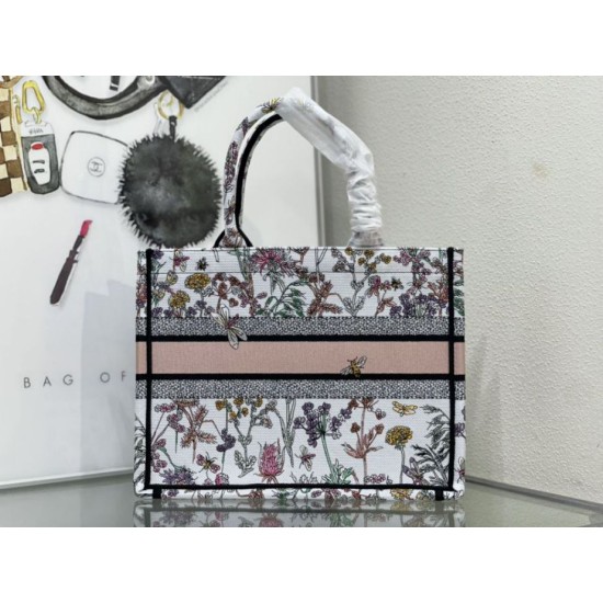 Replica Dior Medium Book Tote Bag Toile de Jouy Flower Embroidery White/Blue