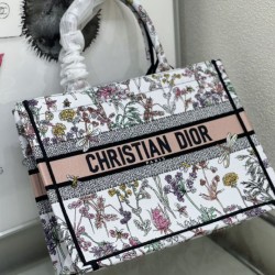 Replica Dior Medium Book Tote Bag Toile de Jouy Flower Embroidery White/Blue