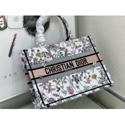 Replica Dior Medium Book Tote Bag Toile de Jouy Flower Embroidery White/Blue