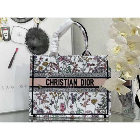 Replica Dior Medium Book Tote Bag Toile de Jouy Flower Embroidery White/Blue