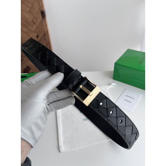 Best Replica Bottega Veneta Mens Intreccio Reversible Check Belt Black Gold Knockoff