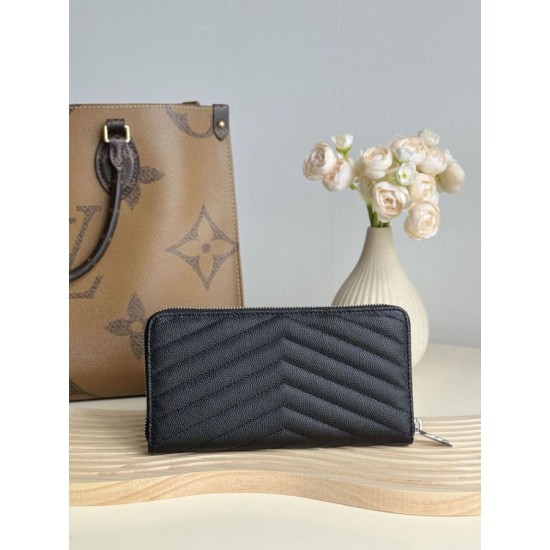 Best Replica YSL Saint Laurent Monogram Continental Zip Around Wallet Black and Silver Knockoff
