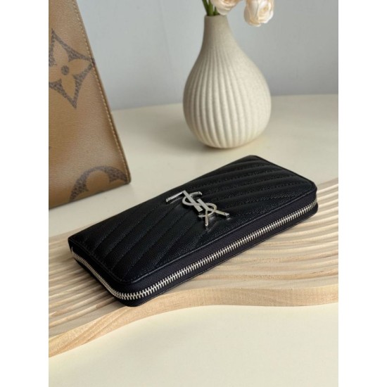 Best Replica YSL Saint Laurent Monogram Continental Zip Around Wallet Black and Silver Knockoff