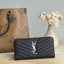 Best Replica YSL Saint Laurent Monogram Continental Zip Around Wallet Black and Silver Knockoff