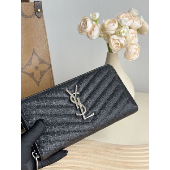 Best Replica YSL Saint Laurent Monogram Continental Zip Around Wallet Black and Silver Knockoff