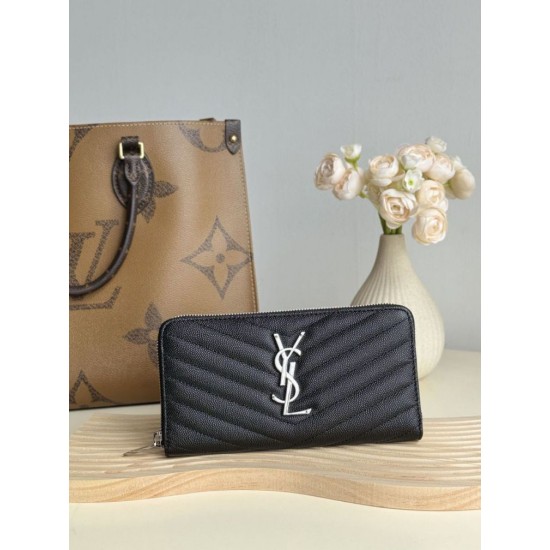 Best Replica YSL Saint Laurent Monogram Continental Zip Around Wallet Black and Silver Knockoff