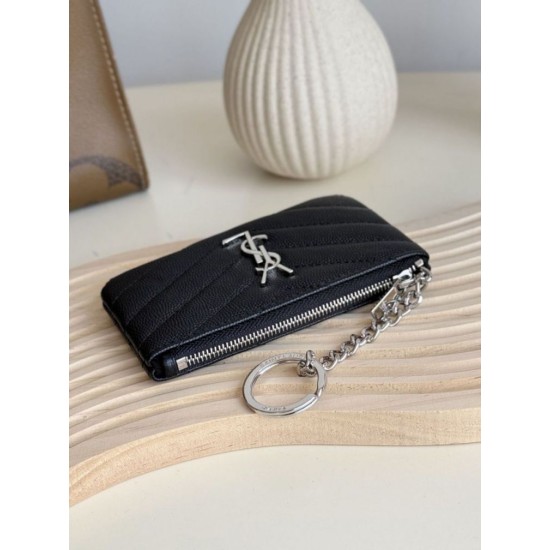 Best Replica YSL Saint Laurent Cassandre Matelassé Fragments Zip Around Card Holder Black and Silver Knockoff