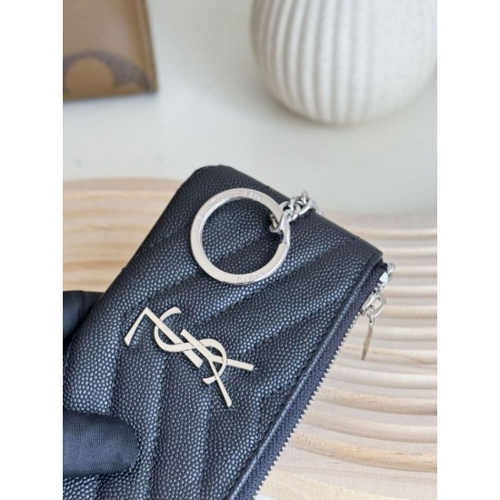 Best Replica YSL Saint Laurent Cassandre Matelassé Fragments Zip Around Card Holder Black and Silver Knockoff