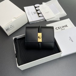 Best Replica CELINE 16 Small Tri-Fold Wallet Satin Calfskin Black Knockoff