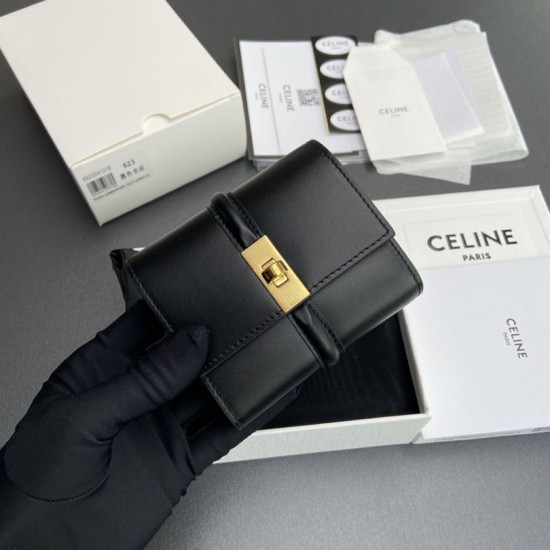 Best Replica CELINE 16 Small Tri-Fold Wallet Satin Calfskin Black Knockoff