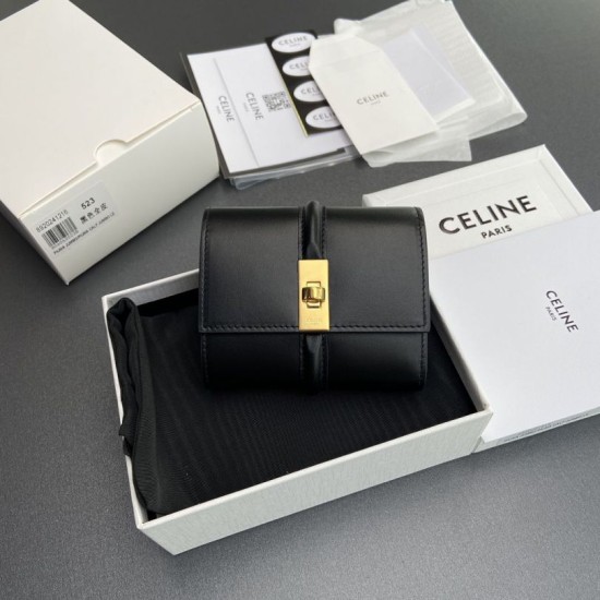 Best Replica CELINE 16 Small Tri-Fold Wallet Satin Calfskin Black Knockoff
