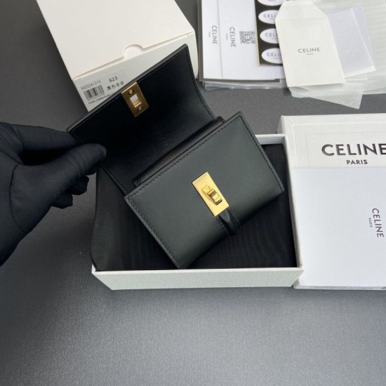 Best Replica CELINE 16 Small Tri-Fold Wallet Satin Calfskin Black Knockoff