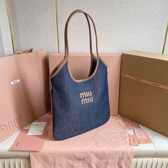 Fake Miu Miu Ivy denim shoulder bag with leather trim 5BG231 Blue Clone