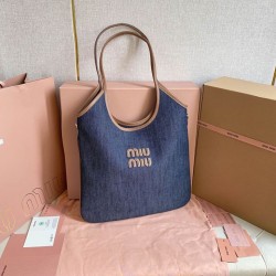 Fake Miu Miu Ivy denim shoulder bag with leather trim 5BG231 Blue Clone