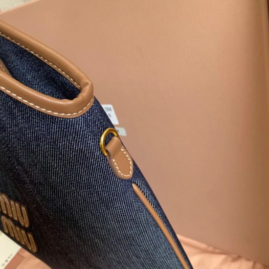 Fake Miu Miu Ivy denim shoulder bag with leather trim 5BG231 Blue Clone