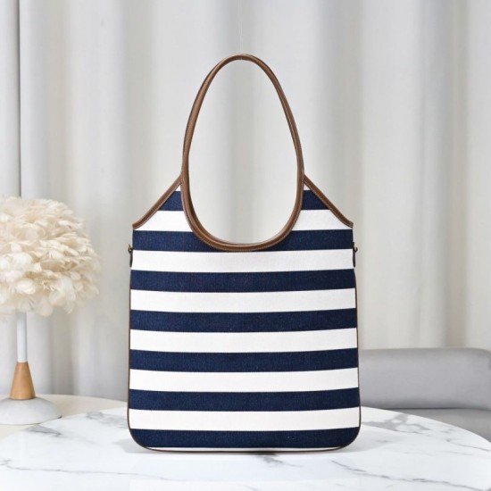 Fake Miu Miu Ivy canvas tote bag 5BG231 navy blue with white stripes Clone